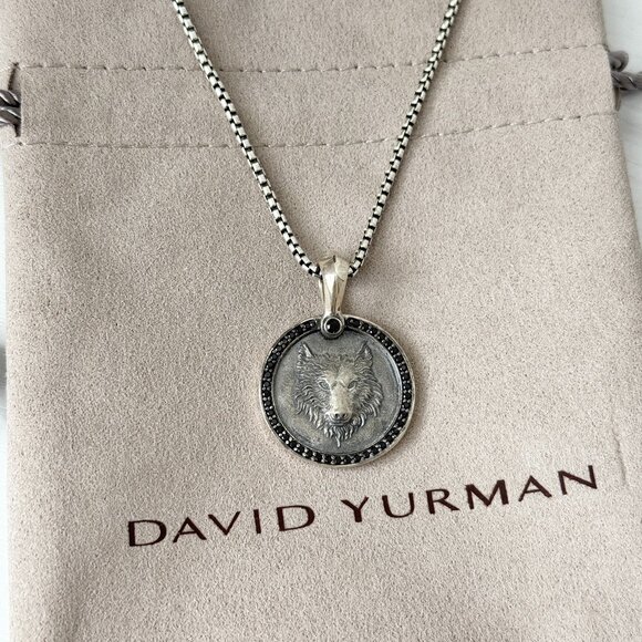 David Yurman Sterling Silver Petrvs Wolf Amulet Necklace with Black Diamonds - Picture 1 of 3